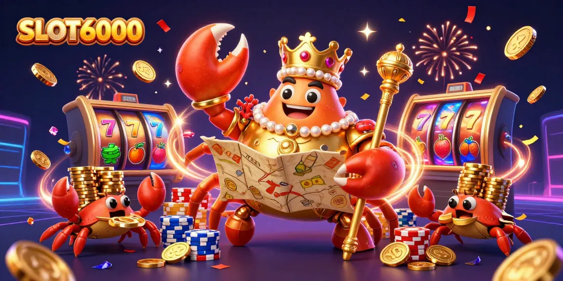 SLOT6000 offers a colorful 3D scene with a golden crab emperor and vibrant gambling elements for players.