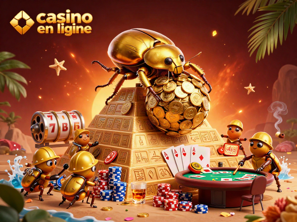 Jouer à casino en ligne avec un scarabée d'or géant roulant des pièces dans un décor vibrant.
