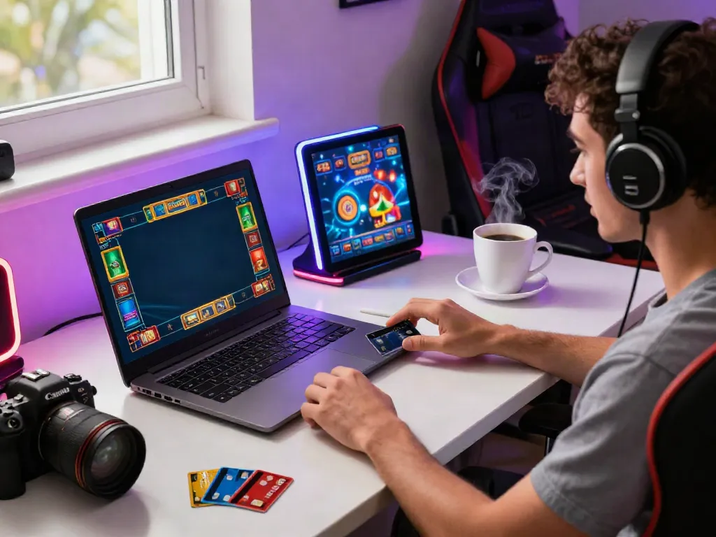 Player immersed in a credit card casino experience with colorful gameplay on a laptop in a stylish gaming setup.