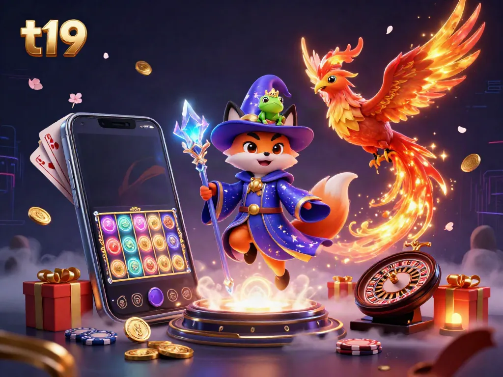 Win big at t19 with this vibrant 3D casino scene featuring a wizard, phoenix, and slot games!