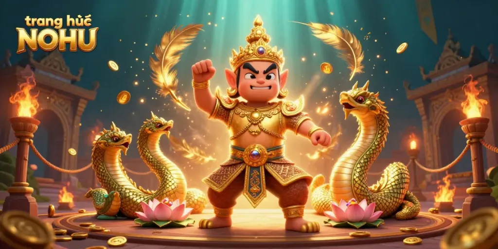 Engage on the trang chủ NOHU with vibrant 3D illustrated scene featuring a friendly guardian and golden Naga companions.