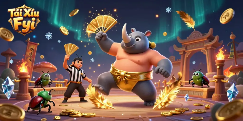 Experience Tài Xỉu Fyi's lively gambling scene with dynamic champions, vibrant coins, and festive atmosphere