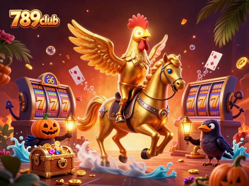 Experience 789club's thrilling slot adventure with golden rooster in a lively casino scene.