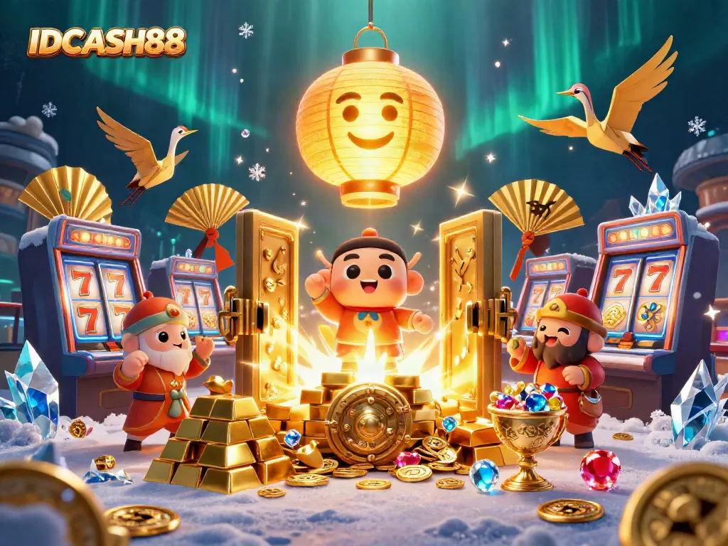 Experience thrilling gameplay at IDCASH88 with vibrant slot action amidst dazzling treasures and lucky symbols.