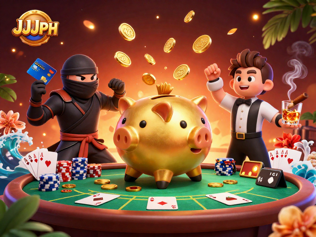Experience JJJPH's vibrant casino scene with dynamic characters, gold coins, and poker elements.