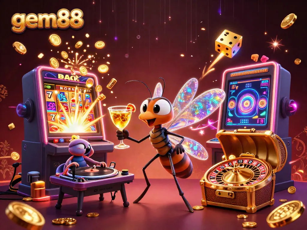 Experience the thrill of gem88 with a lively casino scene showcasing vibrant character interactions and dynamic gaming elements.