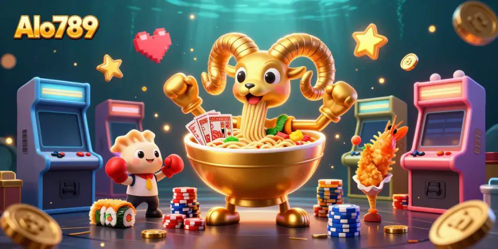Alo789 showcases an exciting casino scene with a giant ramen bowl dealing cards and chips amidst colorful arcade elements.