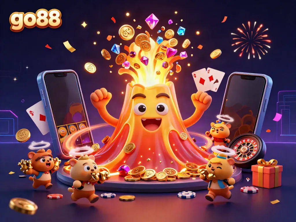 Play your lucky slots and win with go88, featuring a triumphant golden volcano amidst a treasure hunt!