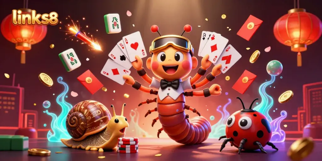 Engage in the dynamic casino atmosphere with link s8, featuring a cartoon dealer and exciting game elements.