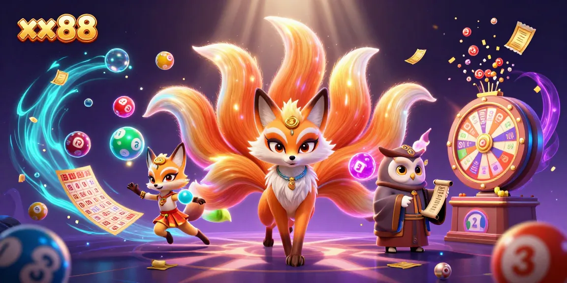 Engage with xx 88 through vibrant gambling elements, featuring a nine-tailed fox spirit and colorful lottery symbols.