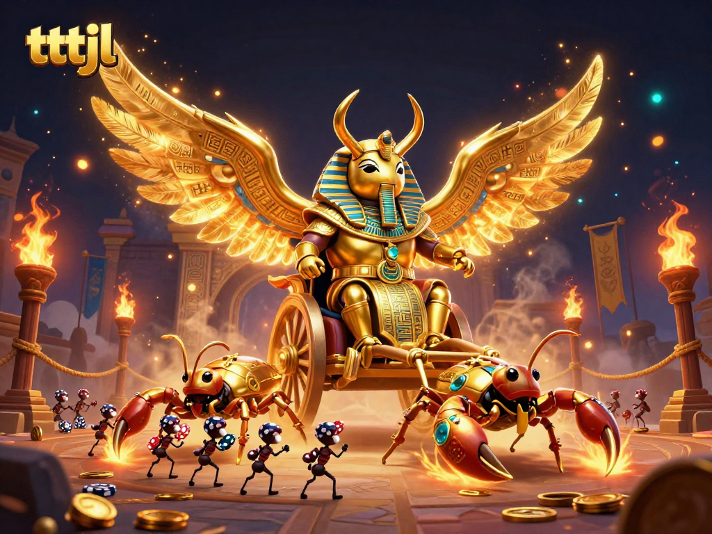 Engage with tttjl's exciting gambling atmosphere featuring a colossal scarab and dynamic scene.