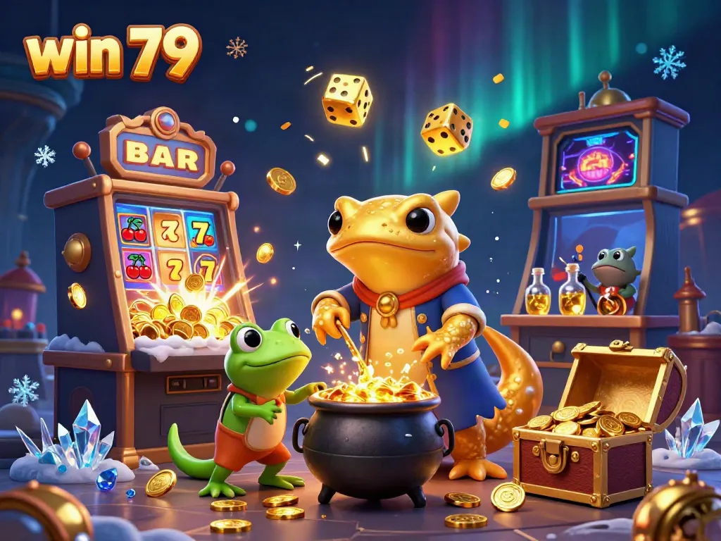 Engage with win 79 in a vibrant 3D casino scene featuring an alchemist and exciting game elements.