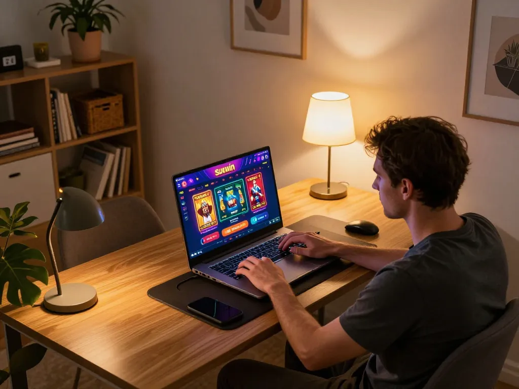 Engaging gameplay on the sunwin casino app with a player focused at home, showcasing online gambling.