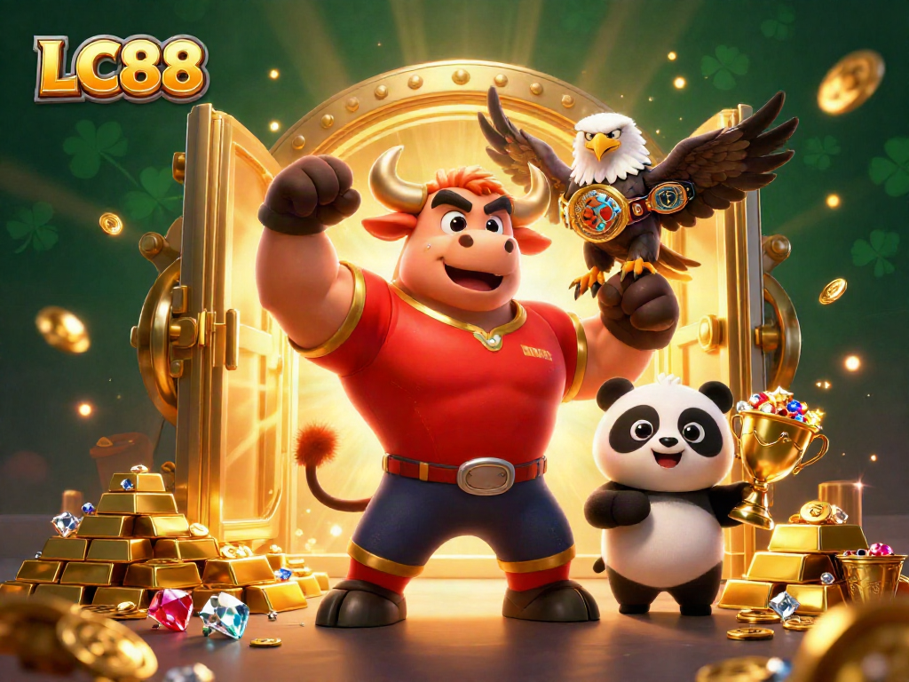 Play and win big with LC88 in a vibrant 3D casino scene filled with treasures and excitement.
