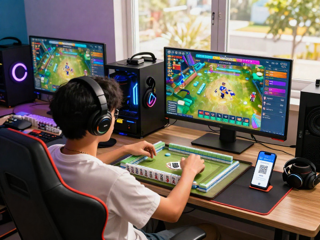 Player enjoying MAHJONGJP88 dengan deposit QRIS in modern gaming setup with colorful graphics and engaging atmosphere.