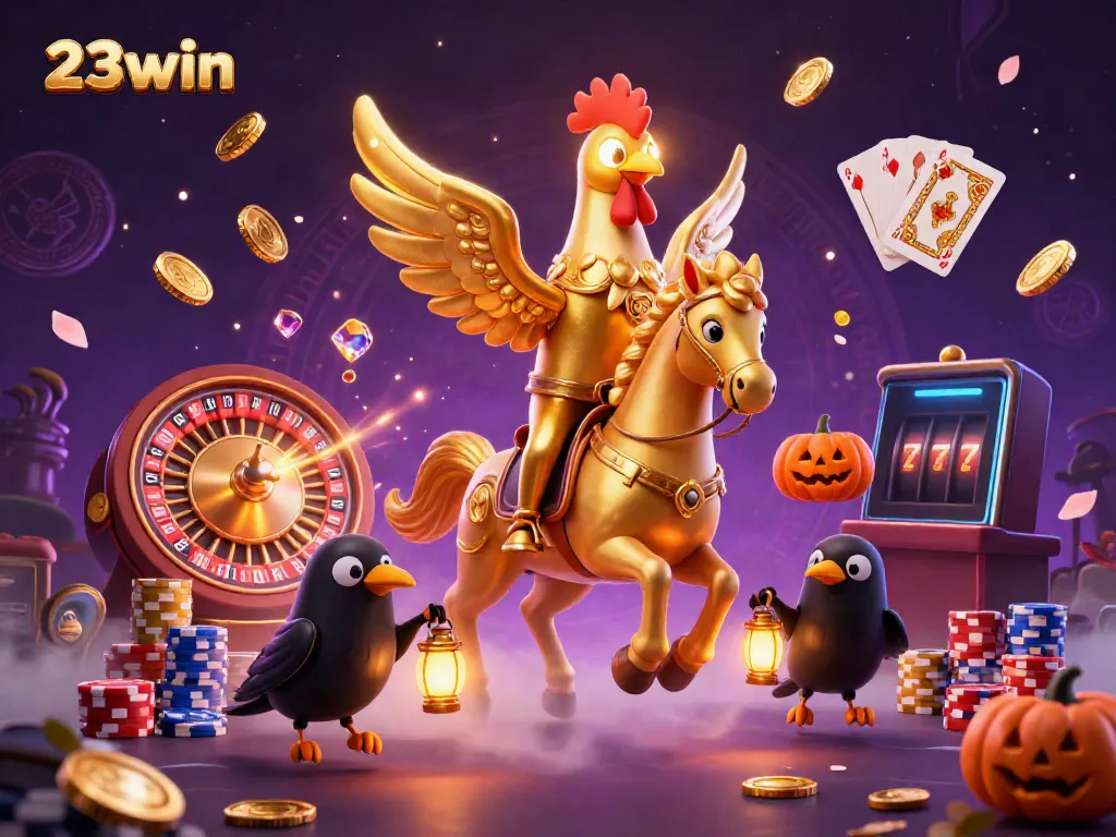 Experience the excitement of 23win with golden rooster character and casino elements in a dazzling 3D illustration.