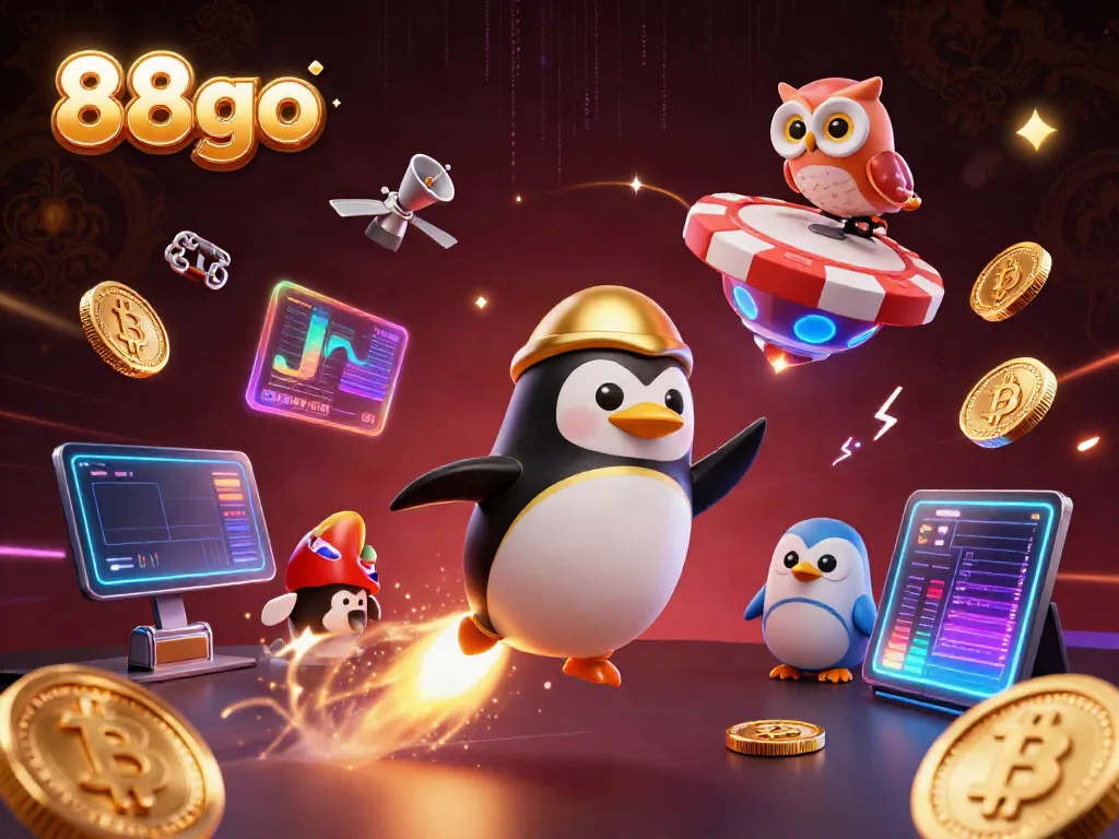 Experience the thrill of 88go casino with a dynamic scene of a golden penguin navigating through a poker chip space station.