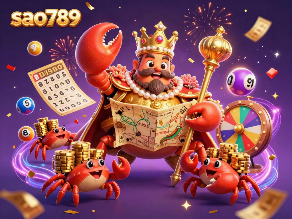 Sao789 unleashes a vibrant gaming experience with a golden crab emperor amidst colorful lottery elements.
