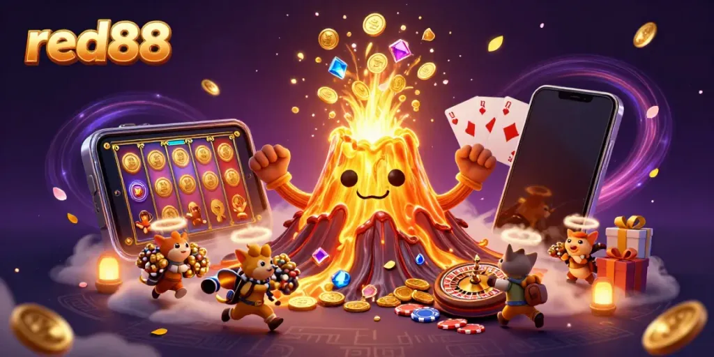 Experience the thrill of red88 as the golden volcano erupts with coins and treasures in a vibrant casino-themed illustration.