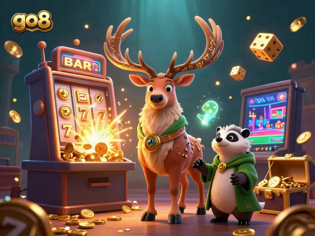 Experience the excitement at go8 with a dynamic casino scene featuring a druid stag and badger amidst a burst of winning symbols.
