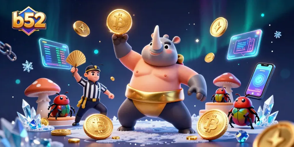 B52 champions stomp coins while gambling at a crazy casino, featuring Bitcoin and Ethereum coins.