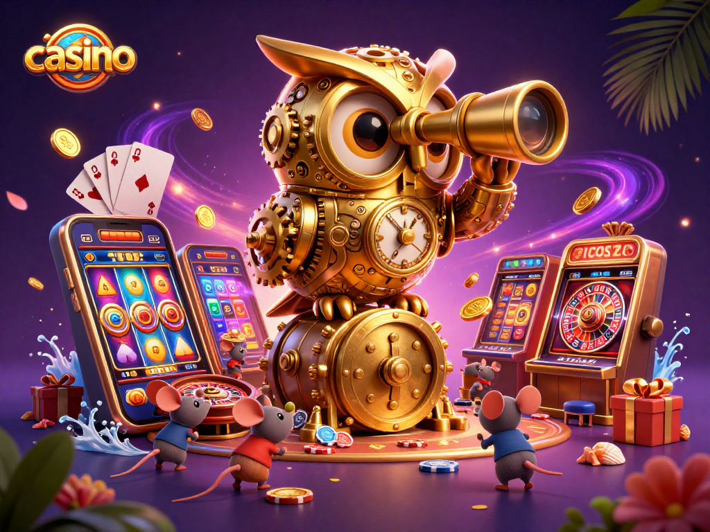 Experience the excitement of a casino with a dynamic 3D owl and vibrant slot game action.