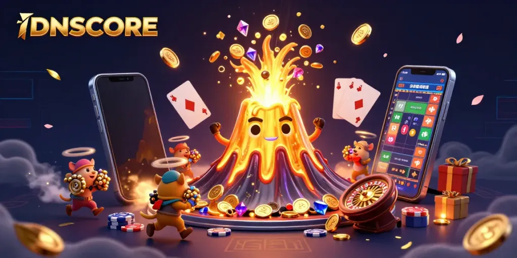 Experience IDNSCORE as a vibrant gambling adventure with a triumphant volcano showering coins.