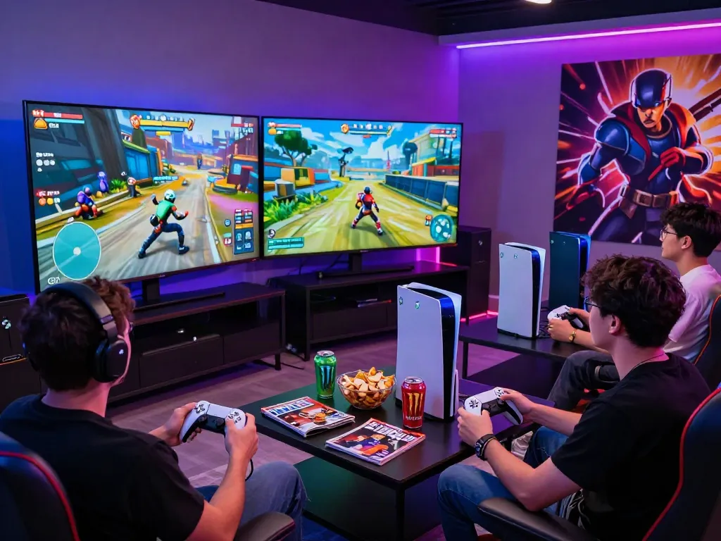 Friends enjoying a fun gaming night with rokok88 consoles and vibrant graphics