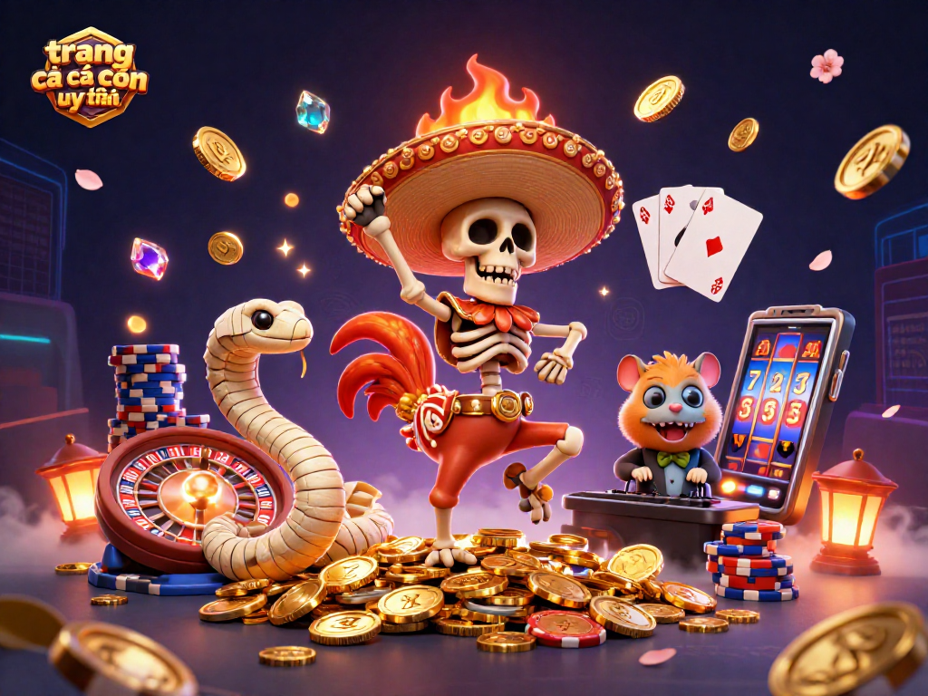 Experience winning moments at trang cá cược uy tín with vibrant casino elements, featuring dynamic characters.