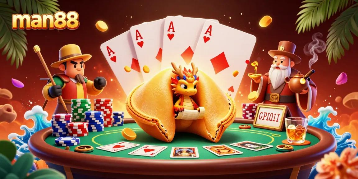 Enjoy man88's thrilling poker experience amid fantastical characters in a vibrant casino setting.