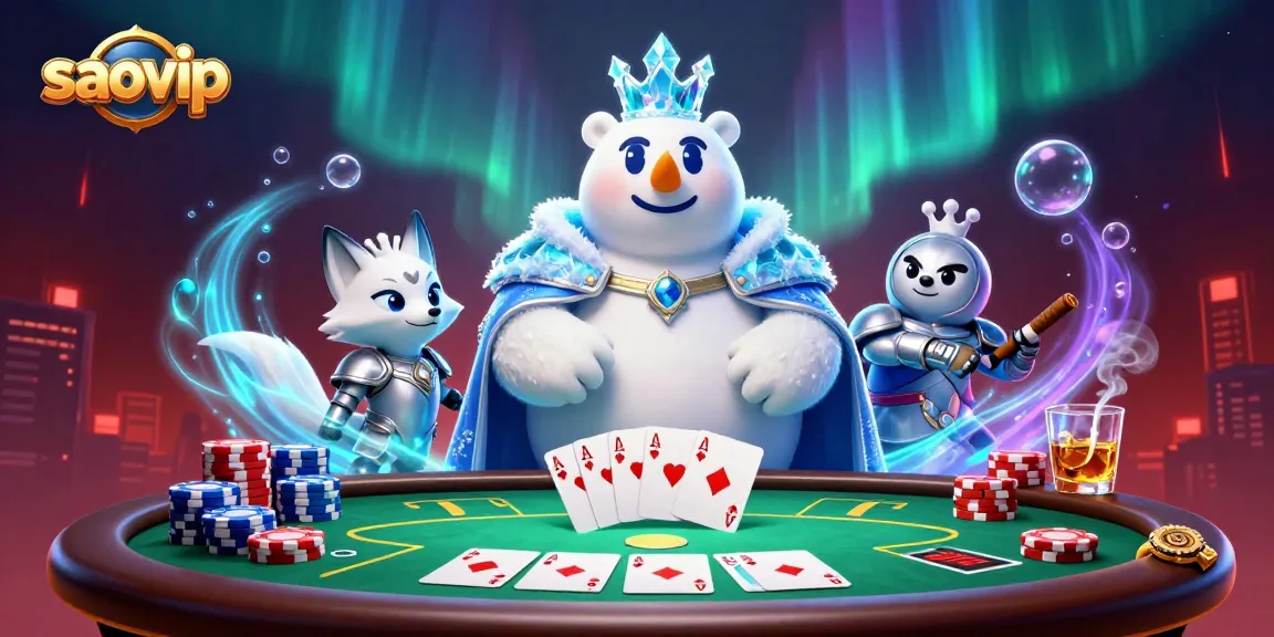 Engage in thrilling gameplay at saovip with a vibrant poker scene featuring characters and casino elements.