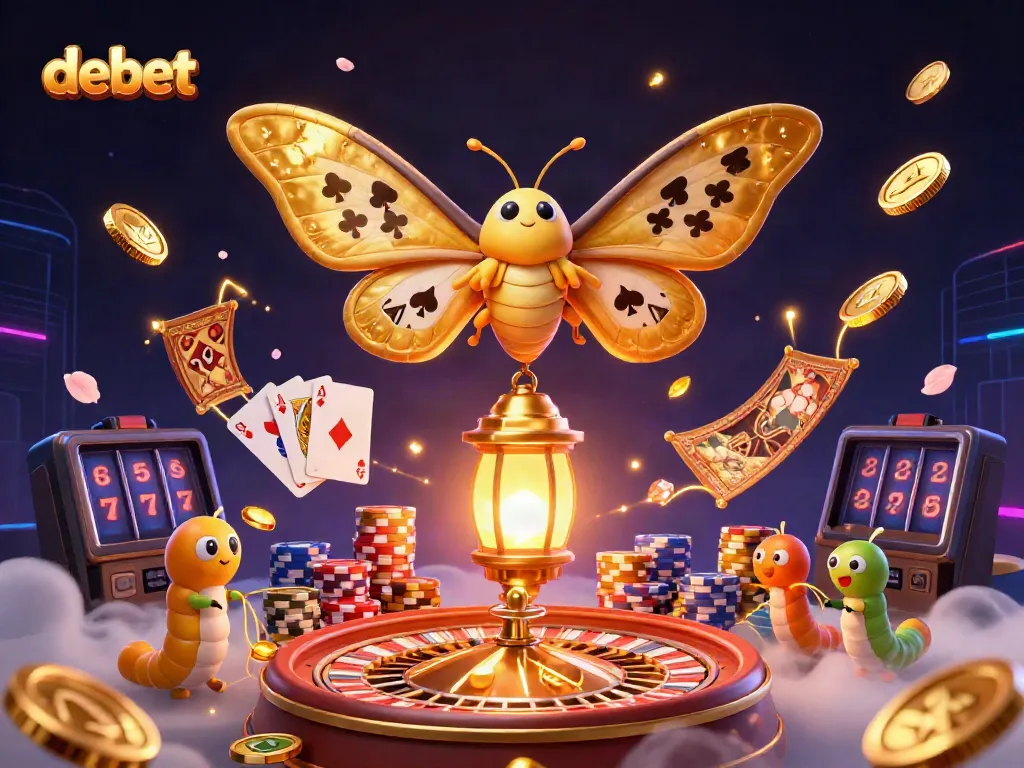 Experience thrilling entertainment at debet with vibrant casino games, golden coins, and a dazzling moth mascot.