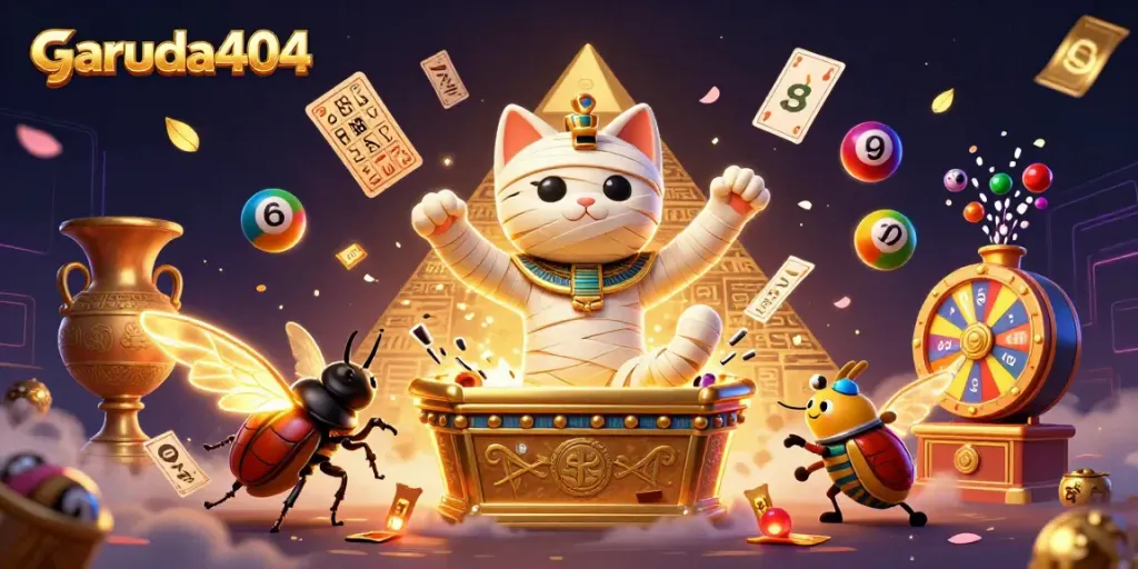 Engage with garuda404 in a vibrant 3D casino scene filled with exciting lottery balls and whimsical characters.