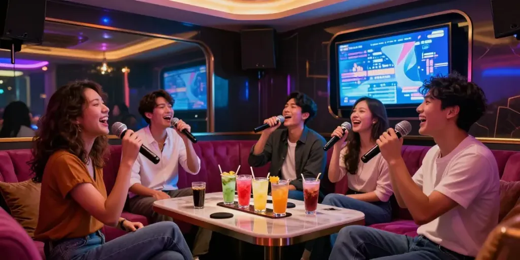 강남달토에서 즐거운 노래방 경험을 하는 친구들, 화려한 조명과 고급스러운 인테리어를 배경으로