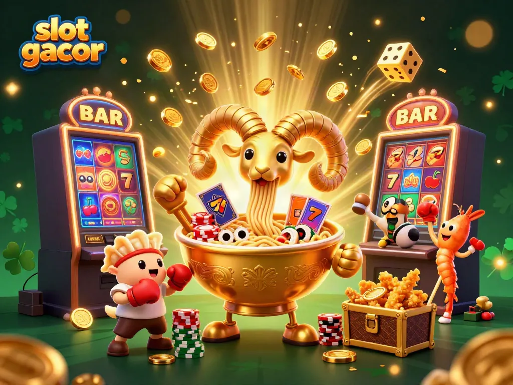 Engage with slot gacor featuring a golden ramen bowl dealer, vibrant symbols, and cheerful tempura shrimp