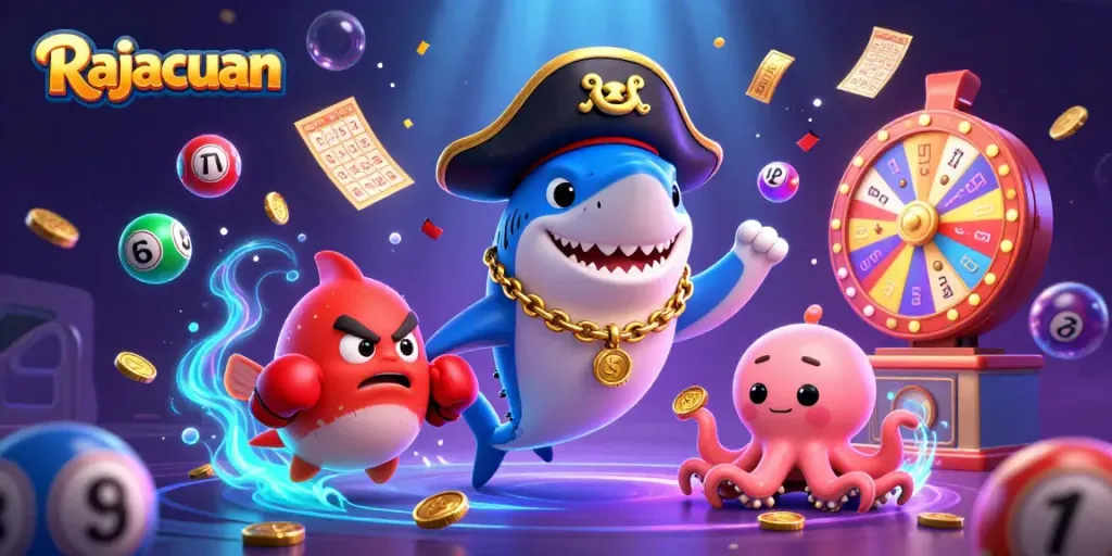 Rajacuan pirate shark wins big with colorful lottery balls and coins in the dynamic casino scene.