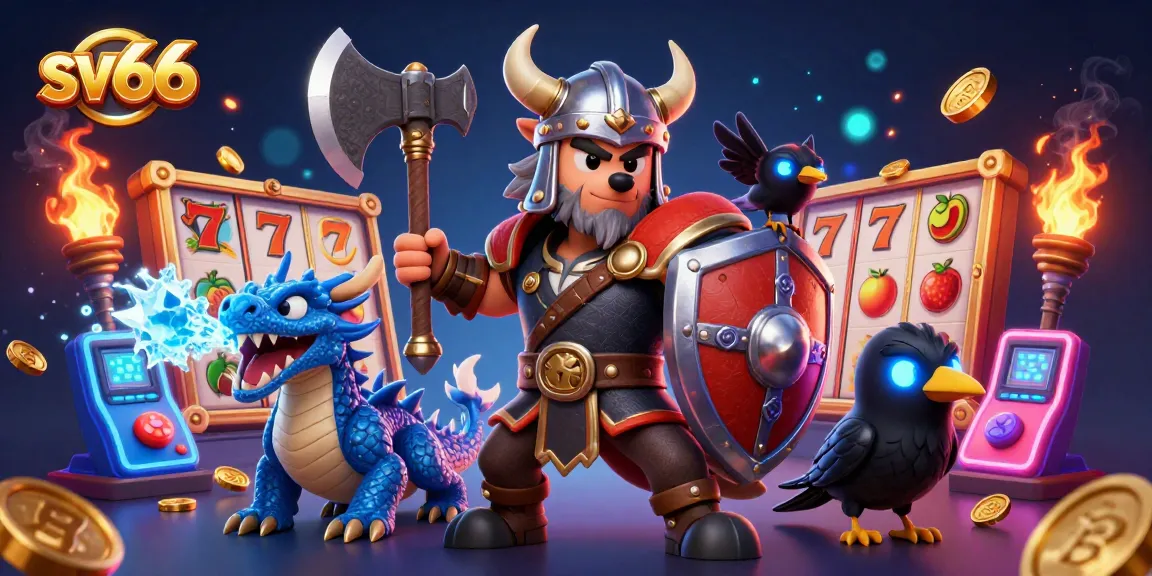 Sparking excitement at sv66, a fierce Viking wolf warrior celebrates a jackpot win amidst colorful slot elements.