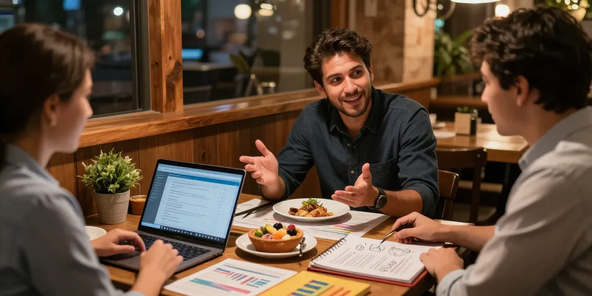 Merchant cash advance for restaurants discussed in a warm restaurant setting with food samples and financial notes.