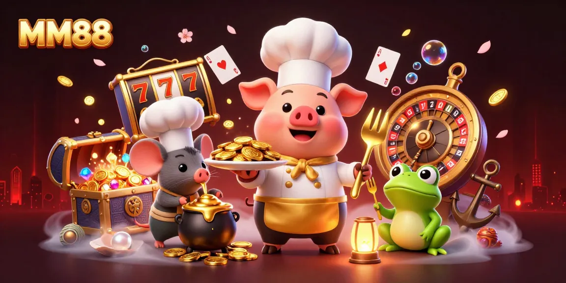Experience the excitement of MM88 with a chef pig presenting gold coin delights in a vibrant casino scene.
