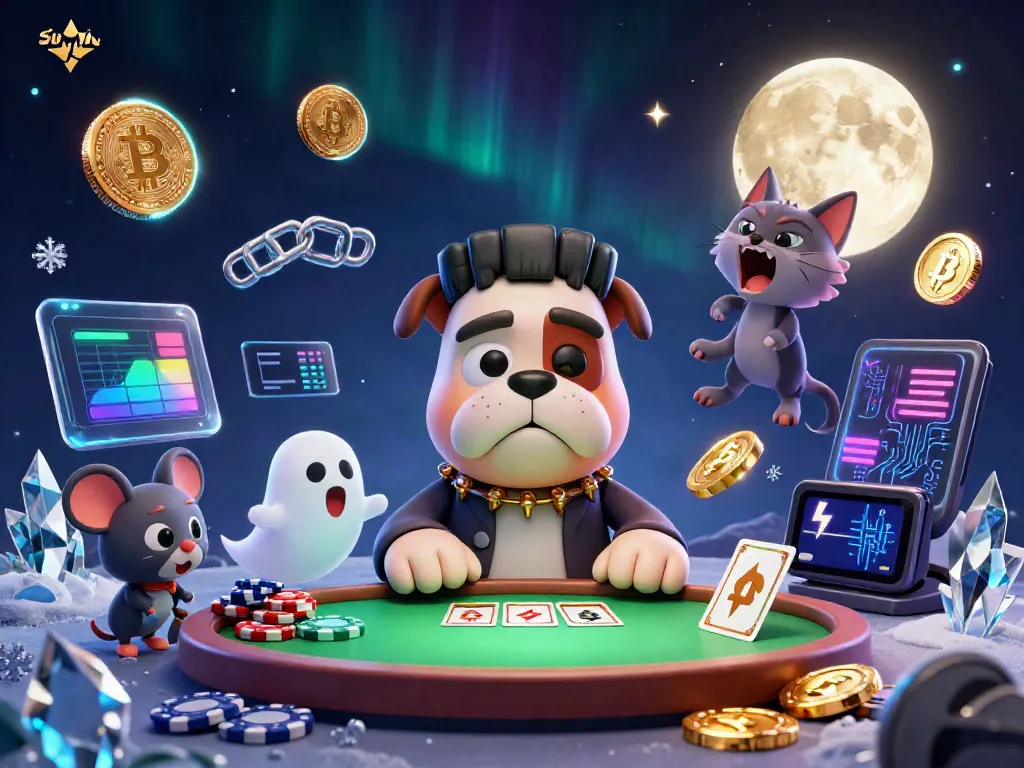 SUNWIN showcases an energetic casino scene with a Frankenstein bulldog monster dealing cards and whimsical characters amidst crypto coins.