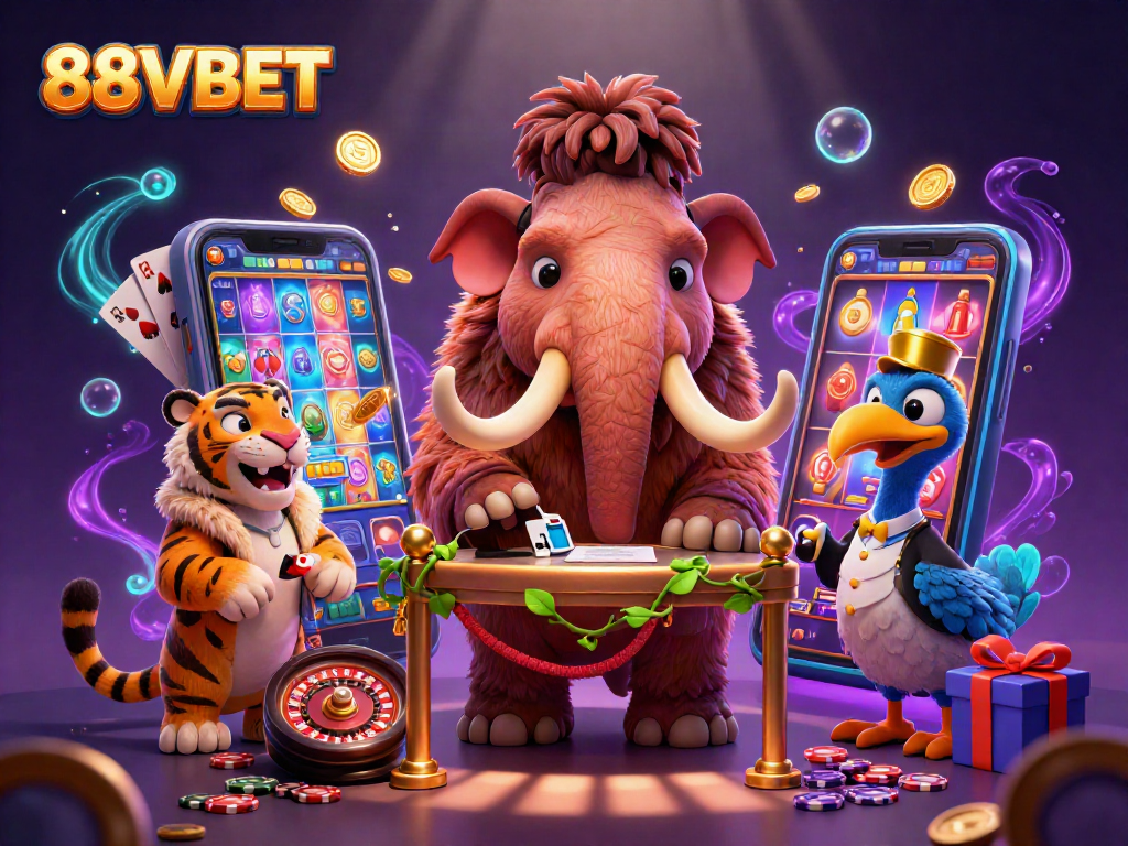 Experience thrilling gaming at 88VBET with a 3D illustration of a vibrant casino atmosphere.