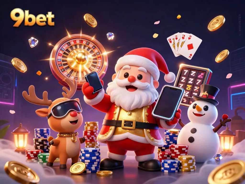 Experience the excitement of 9bet with Santa and friends celebrating jackpot wins in this vibrant casino scene.