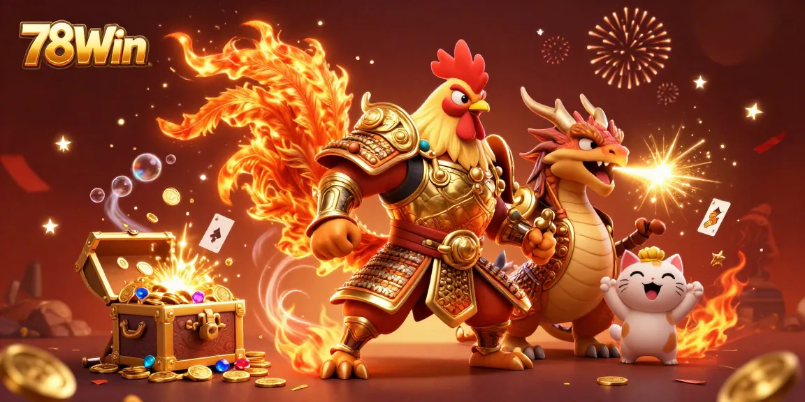Experience thrilling adventures at 78Win with a vibrant casino scene featuring a rooster warrior and dragon hatchling.