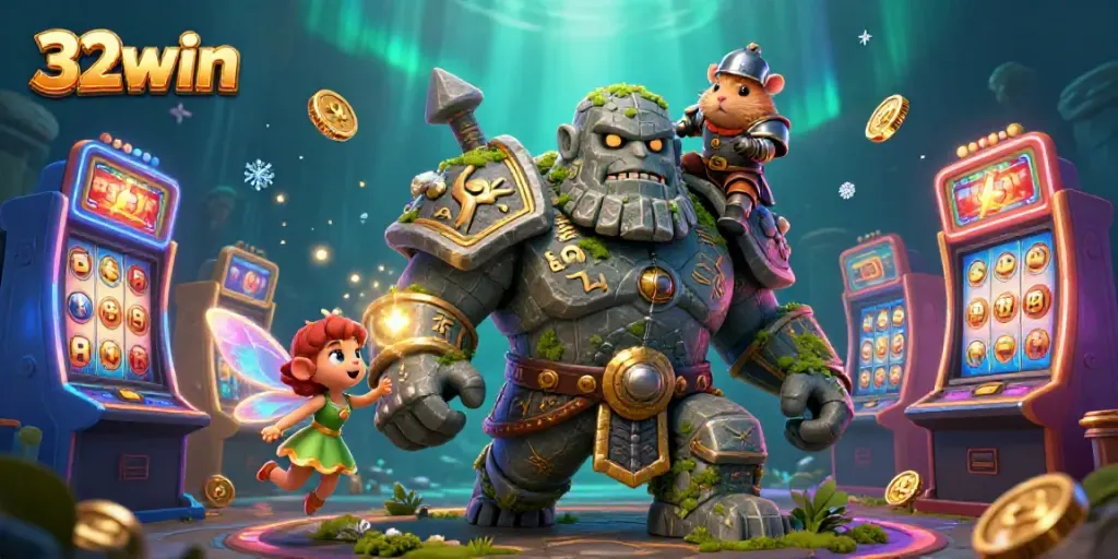 Engage with the vibrant 32win casino adventure featuring a golem guardian and enchanting characters.