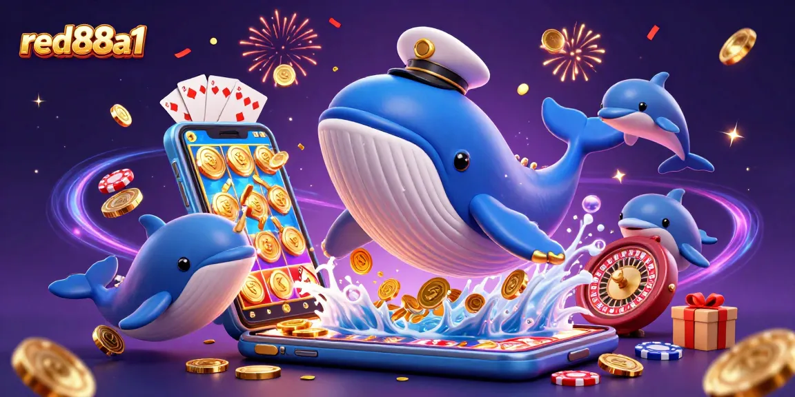 Engage with thrilling games on red88a1 as a whale in coins celebrates gains amidst slot visuals.