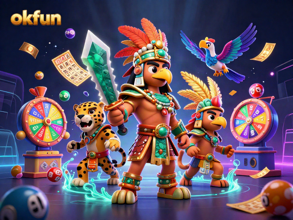 Engage with vibrant okfun casino-themed illustration featuring colorful lottery elements and Aztec warriors.