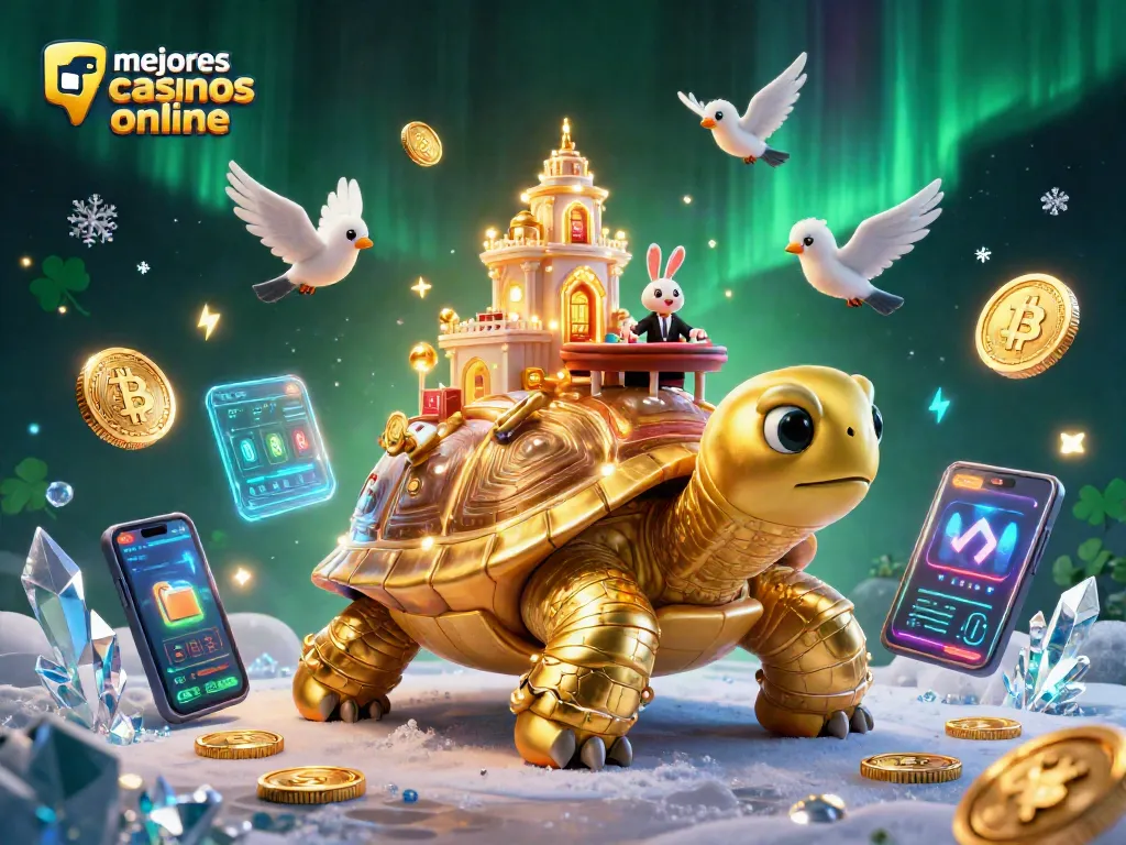 Captura los mejores casinos online en una escena mágica con una tortuga dorada y un repartidor de cartas