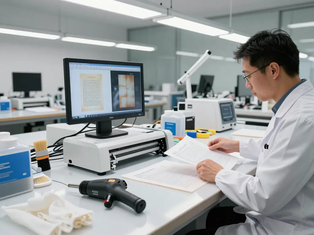 Bóc giấy ép uy tín hà nội - professional technician restoring documents using non-force technology in a modern workshop