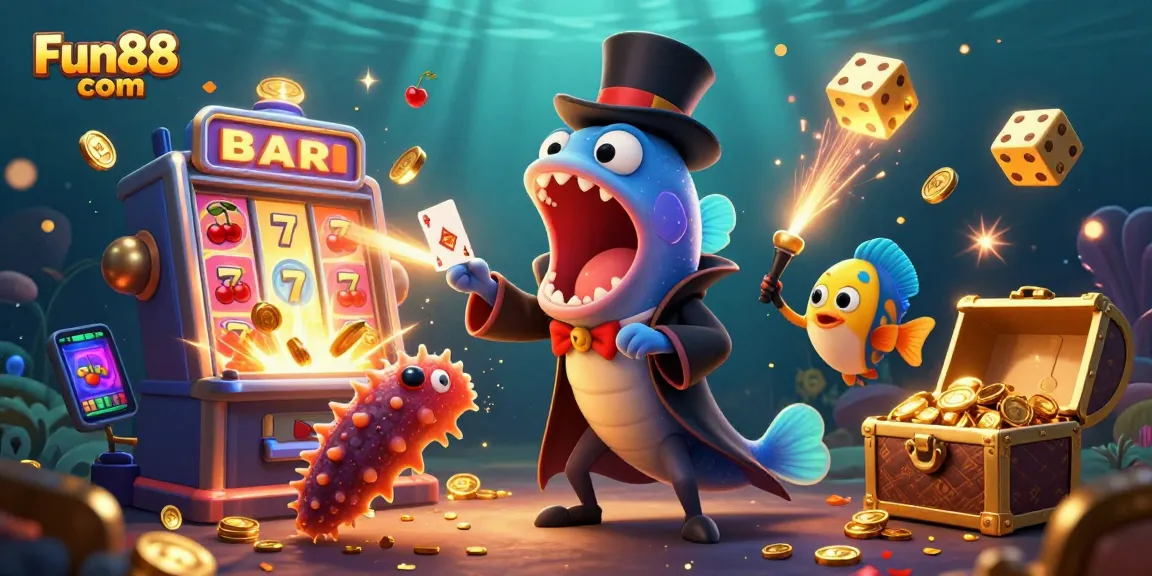 Fun88 com showcases an entertaining deep-sea casino scene filled with vibrant characters and dazzling casino game elements.
