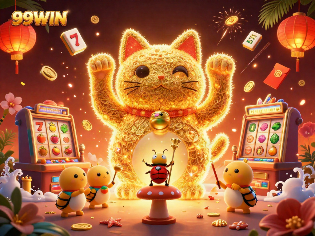 Experience the excitement of 99WIN with a vibrant illustration of lucky cat symbols and casino elements.